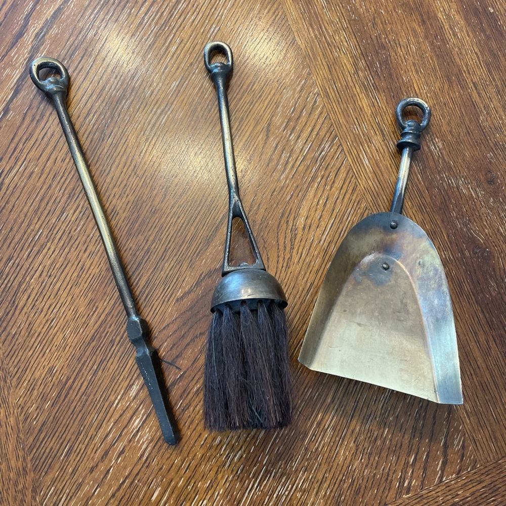 Antique hand forged Fireplace Tool Set with horse hair brush